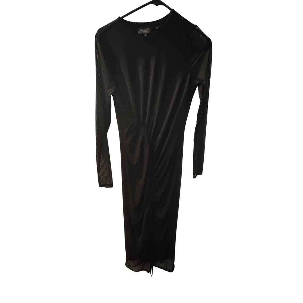 Ted Baker London Black Mesh Ruched Midi Dress Long Sleeve‎ Chevron Size 2